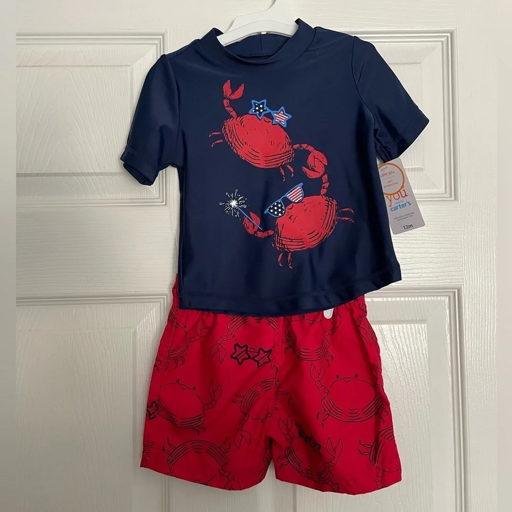 Carter's Navy and Red Crab Swim Set NWT 9-12 month size
